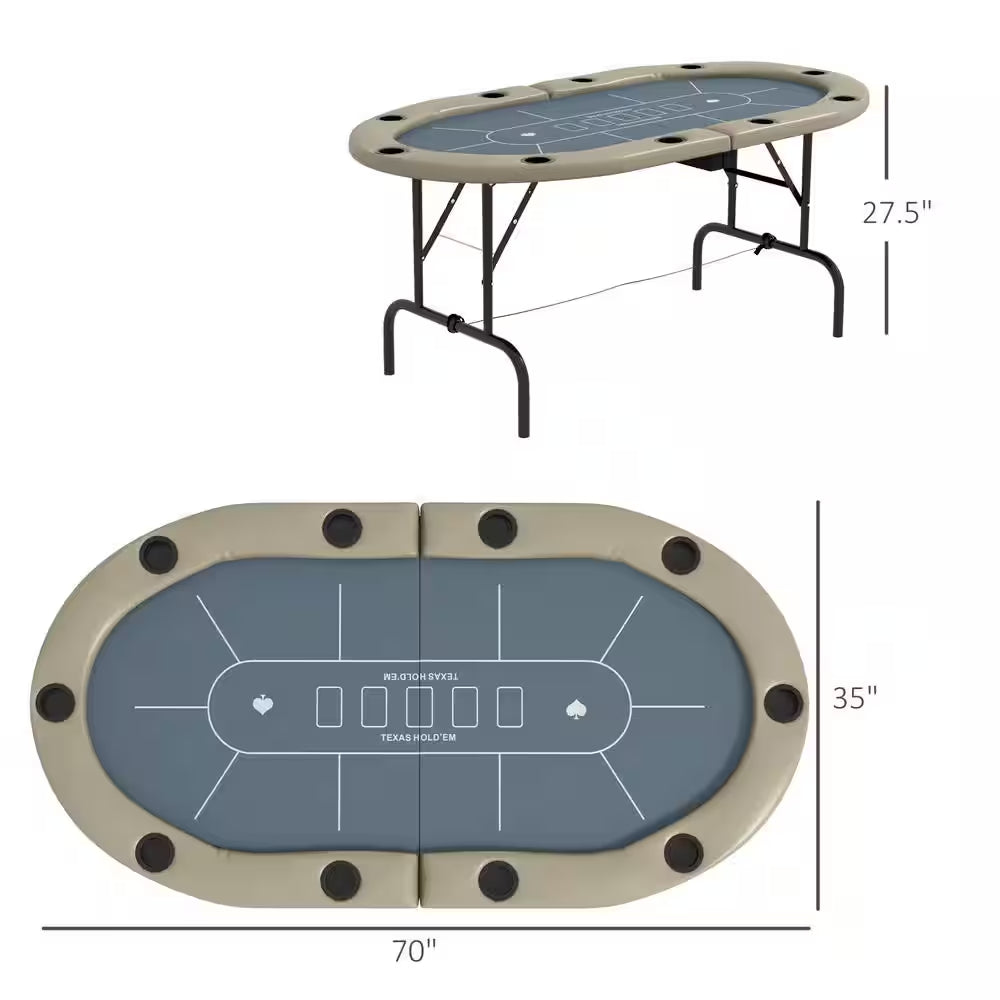 Poker Table Foldable, 70 In. Oval Blackjack Casino Texas Holdem Poker Game Table in Blue and Brown