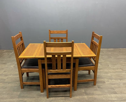 Mission Oak Kitchen Table with 2 Leaves and 4 Oak Dining Chairs
