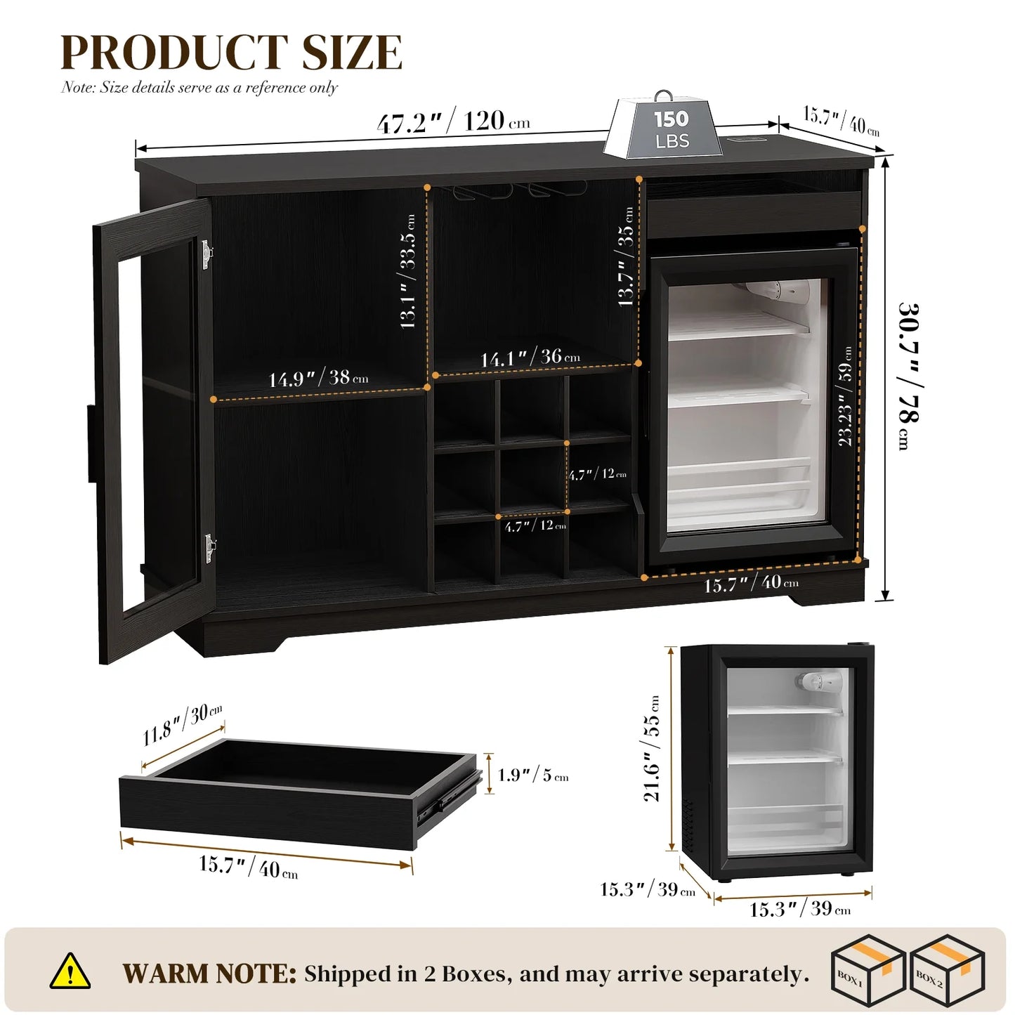 Wine Bar Cabinet with Fridge (Included), 47" Liquor Coffee Bar Cabinet with LED Lights & Rack, Mini Fridge Cabinet with Storage, Human Body Sensor, Buffet Sideboard for Dining Room, Black