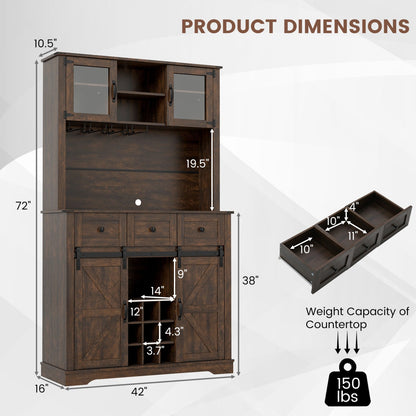 72 Inch Coffee Bar Cabinet with Drawers and Sliding Barn Doors