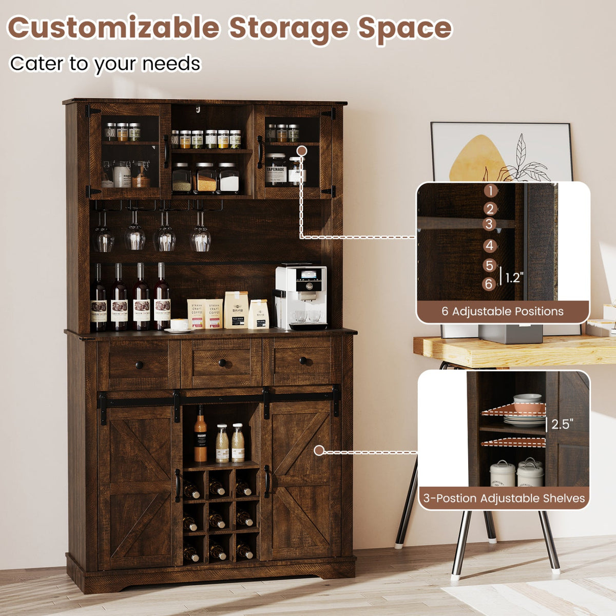 72 Inch Coffee Bar Cabinet with Drawers and Sliding Barn Doors