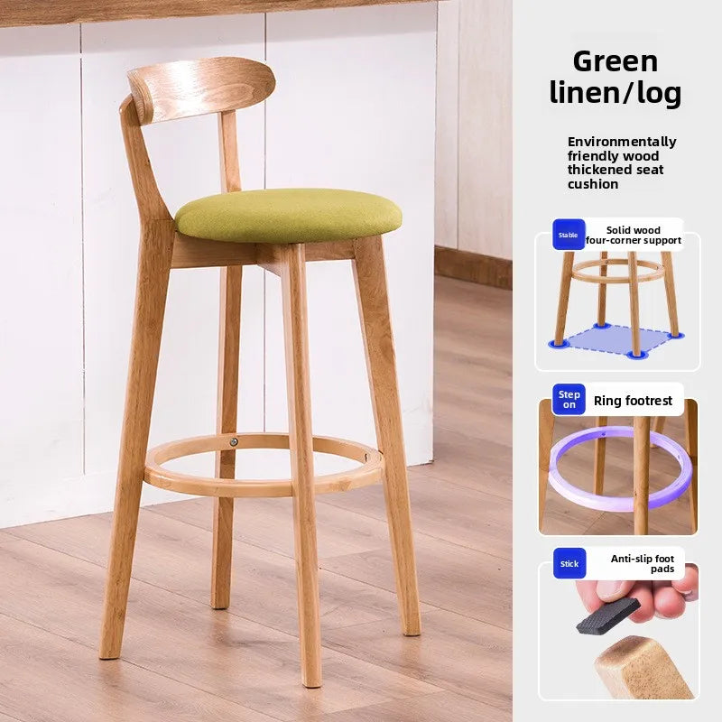 Solid Wood High Back Bar Stool Counter Height Modern Minimalist Home Bar Kitchen Island Seating Sillas Para Barra Bar Chair