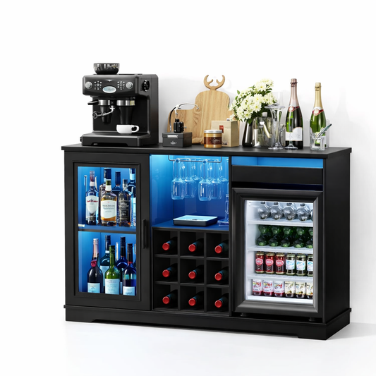Wine Bar Cabinet with Fridge (Included), 47" Liquor Coffee Bar Cabinet with LED Lights & Rack, Mini Fridge Cabinet with Storage, Human Body Sensor, Buffet Sideboard for Dining Room, Black