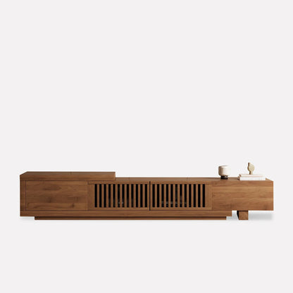 Retractable Grid TV Cabinet Walnut 198.12-261.62 cm Extension Modern Living Room Furniture with 2 Drawers 2 Storage, Home Entertainment Unit, Media Console, Stylish Cabinet, Sleek Furniture, Durable Hardwood, Sturdy Build, Sp