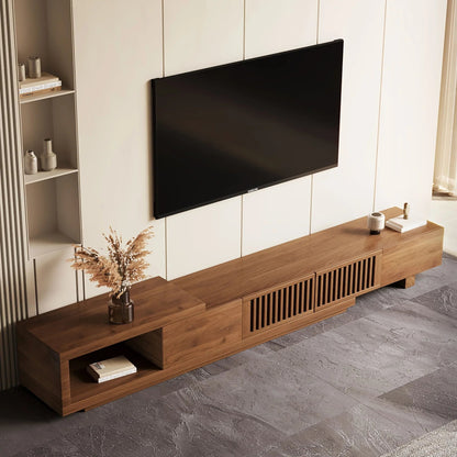 Retractable Grid TV Cabinet Walnut 198.12-261.62 cm Extension Modern Living Room Furniture with 2 Drawers 2 Storage, Home Entertainment Unit, Media Console, Stylish Cabinet, Sleek Furniture, Durable Hardwood, Sturdy Build, Sp