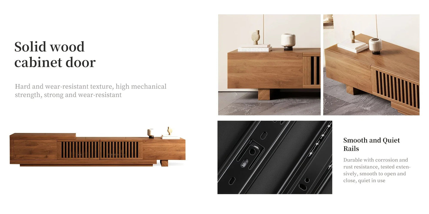 Retractable Grid TV Cabinet Walnut 198.12-261.62 cm Extension Modern Living Room Furniture with 2 Drawers 2 Storage, Home Entertainment Unit, Media Console, Stylish Cabinet, Sleek Furniture, Durable Hardwood, Sturdy Build, Sp
