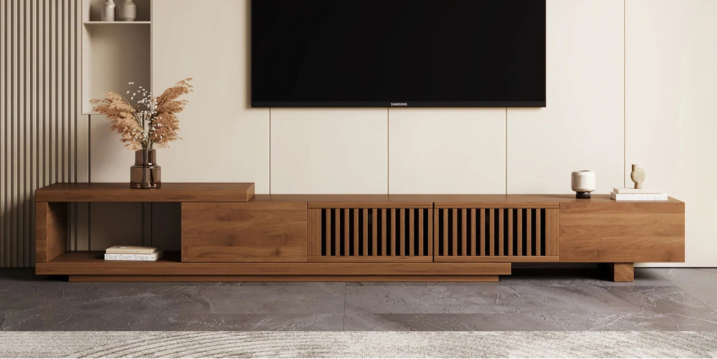 Retractable Grid TV Cabinet Walnut 198.12-261.62 cm Extension Modern Living Room Furniture with 2 Drawers 2 Storage, Home Entertainment Unit, Media Console, Stylish Cabinet, Sleek Furniture, Durable Hardwood, Sturdy Build, Sp