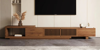 Retractable Grid TV Cabinet Walnut 198.12-261.62 cm Extension Modern Living Room Furniture with 2 Drawers 2 Storage, Home Entertainment Unit, Media Console, Stylish Cabinet, Sleek Furniture, Durable Hardwood, Sturdy Build, Sp