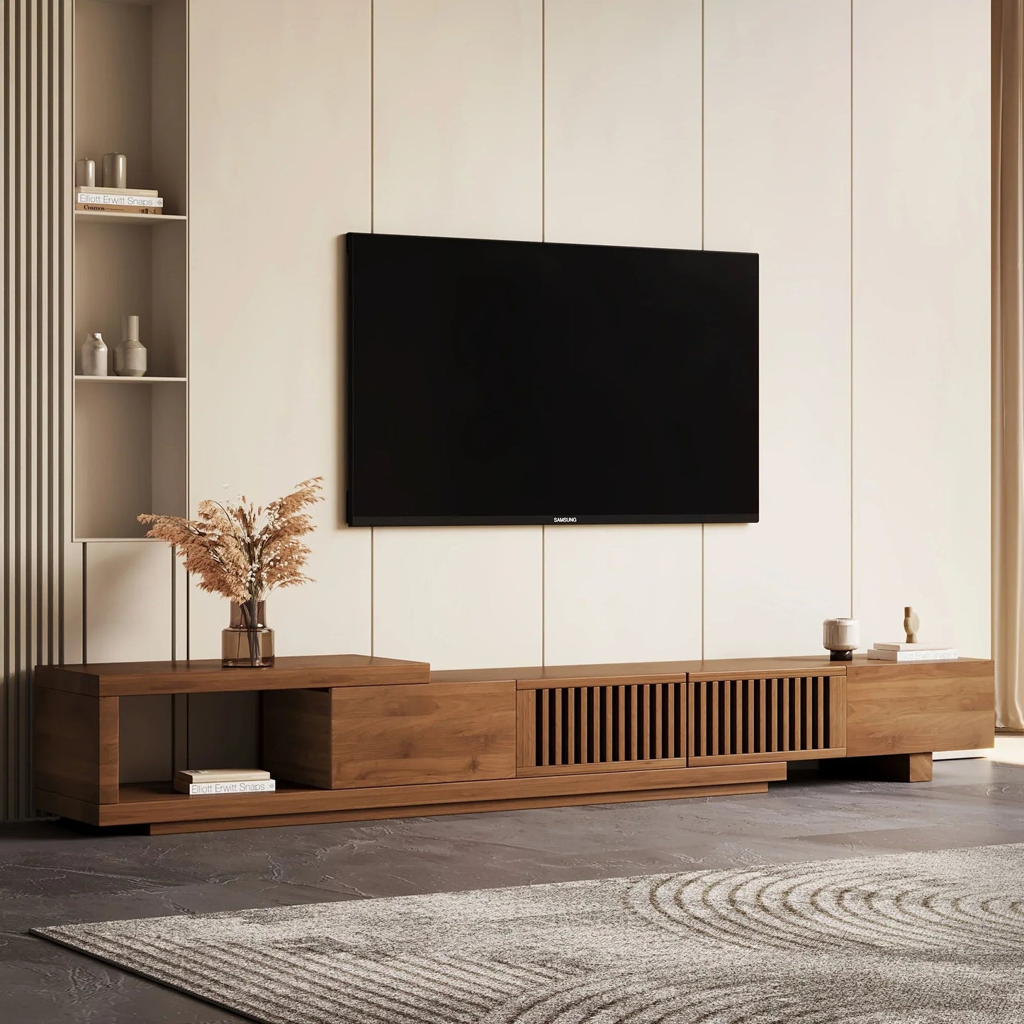 Retractable Grid TV Cabinet Walnut 198.12-261.62 cm Extension Modern Living Room Furniture with 2 Drawers 2 Storage, Home Entertainment Unit, Media Console, Stylish Cabinet, Sleek Furniture, Durable Hardwood, Sturdy Build, Sp