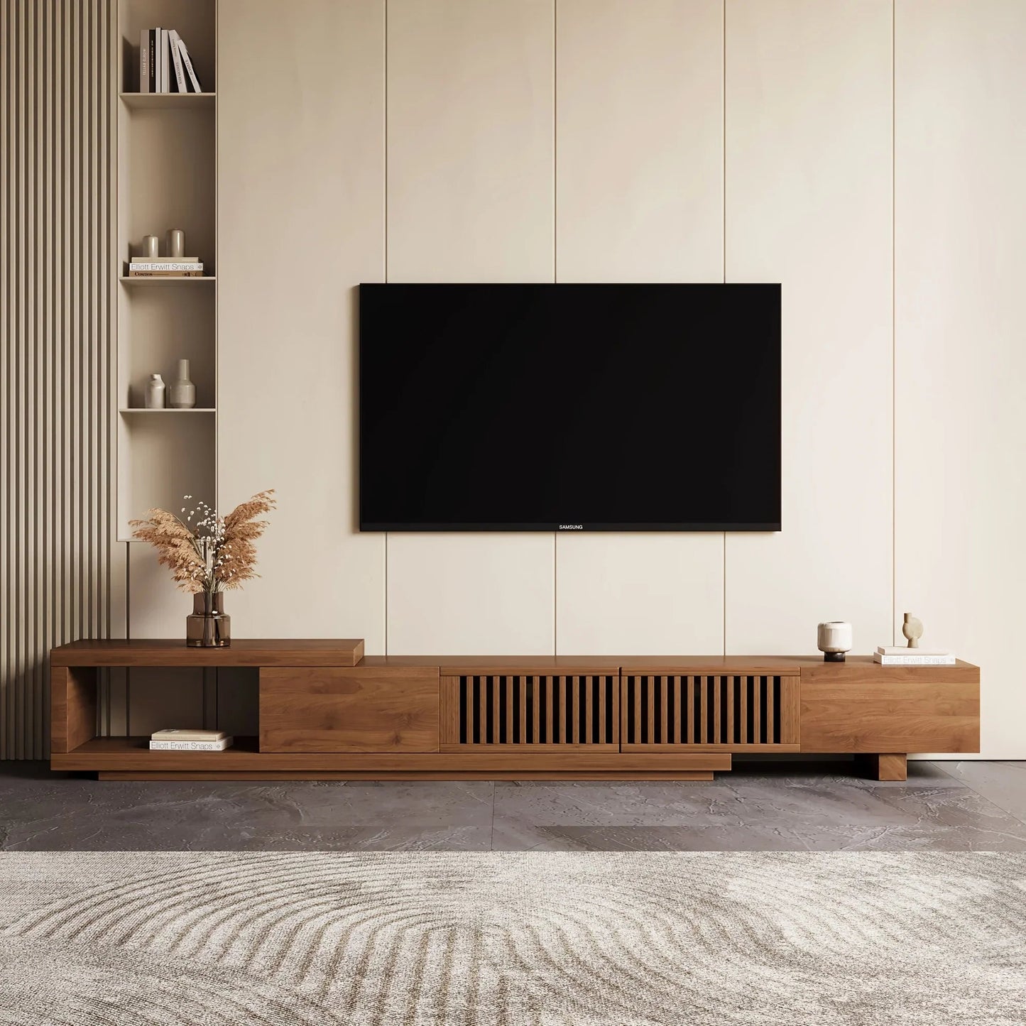 Retractable Grid TV Cabinet Walnut 198.12-261.62 cm Extension Modern Living Room Furniture with 2 Drawers 2 Storage, Home Entertainment Unit, Media Console, Stylish Cabinet, Sleek Furniture, Durable Hardwood, Sturdy Build, Sp