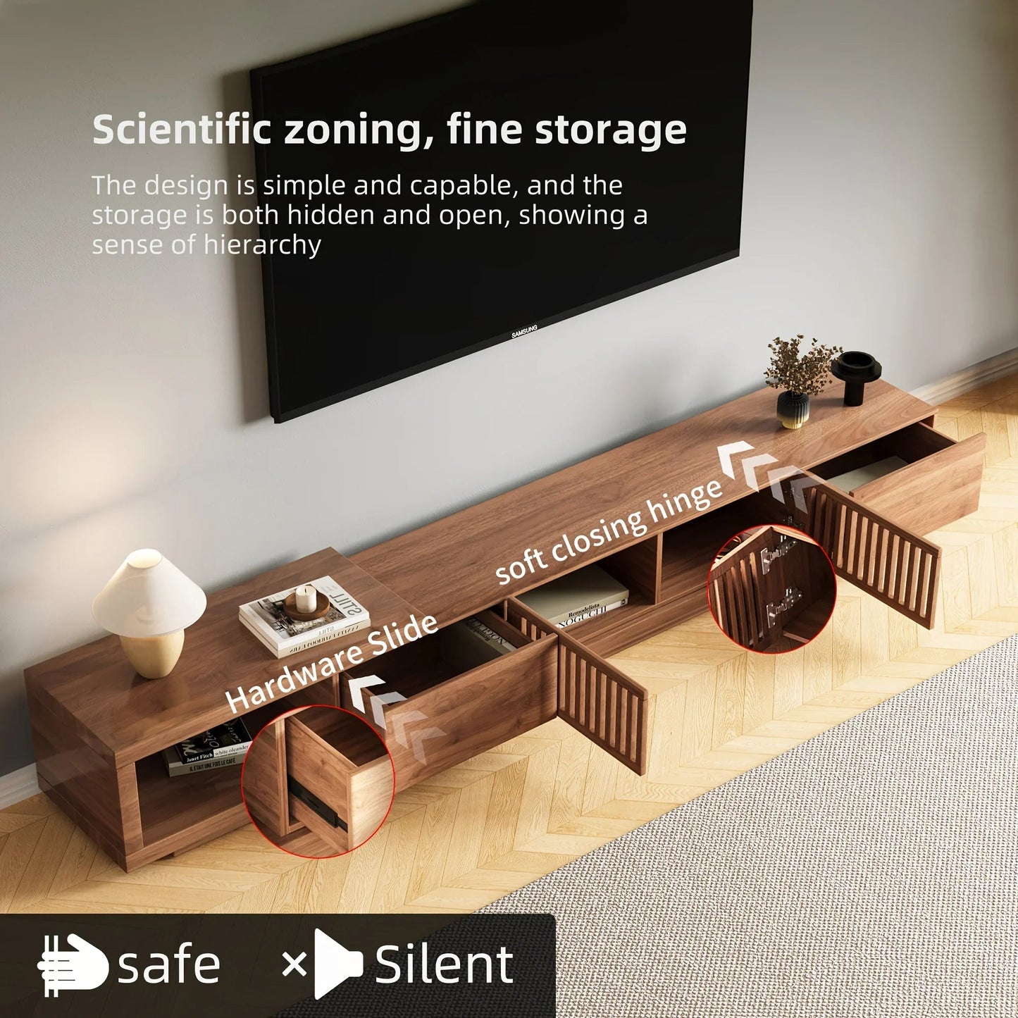 Retractable Grid TV Cabinet Walnut 198.12-261.62 cm Extension Modern Living Room Furniture with 2 Drawers 2 Storage, Home Entertainment Unit, Media Console, Stylish Cabinet, Sleek Furniture, Durable Hardwood, Sturdy Build, Sp