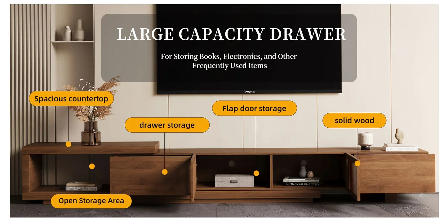Retractable Grid TV Cabinet Walnut 198.12-261.62 cm Extension Modern Living Room Furniture with 2 Drawers 2 Storage, Home Entertainment Unit, Media Console, Stylish Cabinet, Sleek Furniture, Durable Hardwood, Sturdy Build, Sp