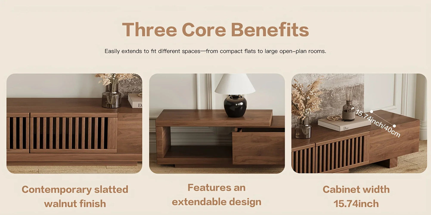 Retractable Grid TV Cabinet Walnut 198.12-261.62 cm Extension Modern Living Room Furniture with 2 Drawers 2 Storage, Home Entertainment Unit, Media Console, Stylish Cabinet, Sleek Furniture, Durable Hardwood, Sturdy Build, Sp
